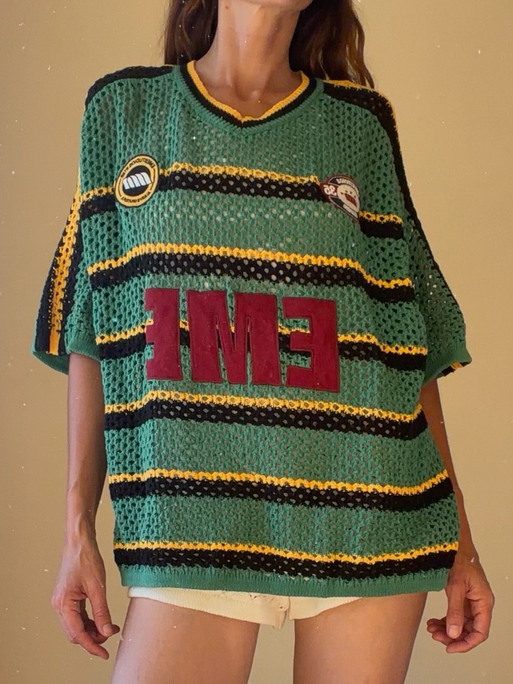 Green Open-Knit Striped Short-Sleeve Sweater with Red Accent